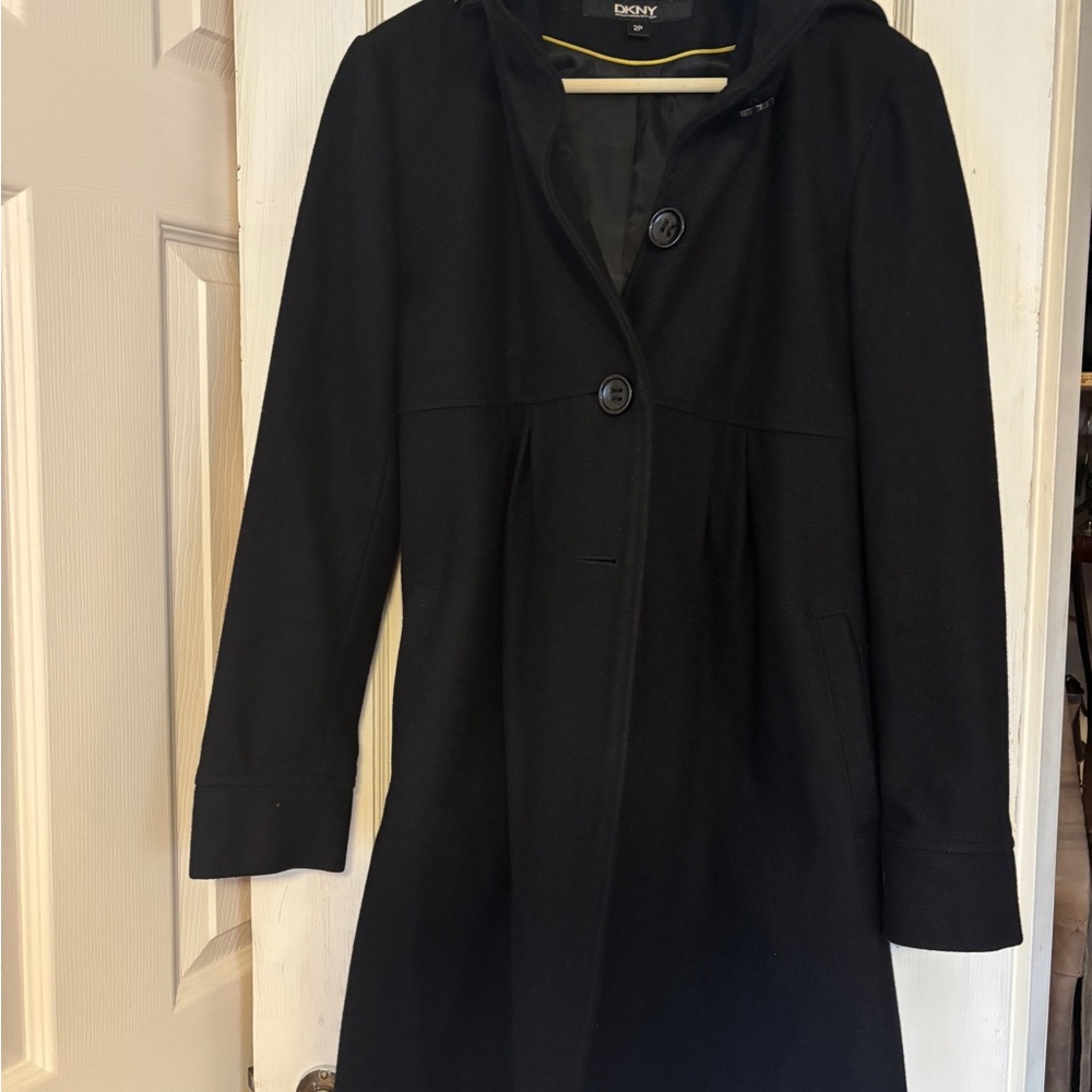 DKNY Women's Petite Classic Black Wool-mix Coat w/ Removable Hood